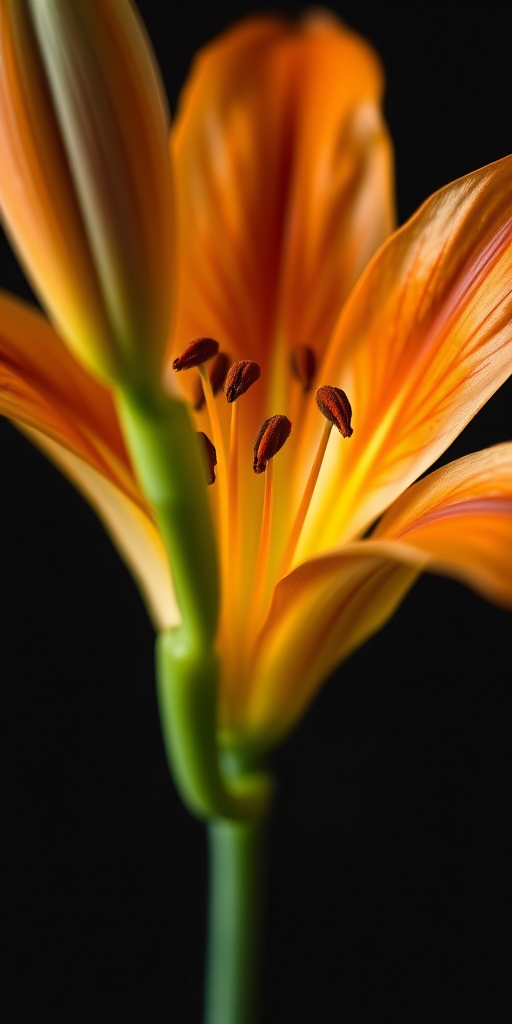 Capture a close-up of an orange lily flower against a dark background, using a macro lens at f/2.8 aperture, 50mm focal length, ISO 100, and soft diffused lighting to enhance details and colors, in a DSLR camera view with a shallow depth of field for a dreamy effect.
