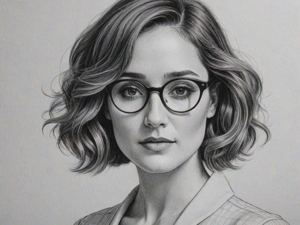 Charming Rose Byrne, pencil sketch, portrait of Gorgeous woman 1932s in glasses, hair style beatnik, outline, clear lines, fine lines, 8k