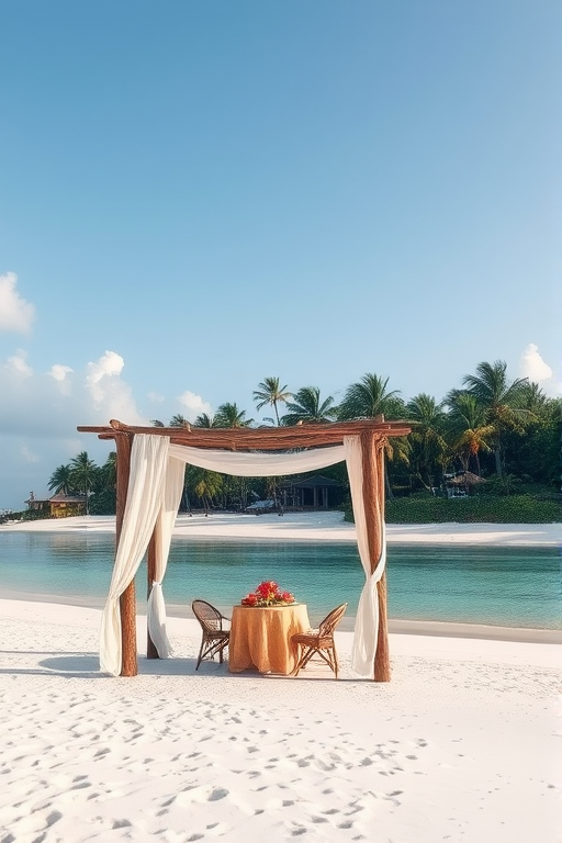 Create a picturesque tropical beach scene featuring a serene, white sandy shore. In the foreground, there's a rustic wooden canopy with white drapes gently flowing in the breeze. Underneath the canopy, a table is set with tropical decor, evoking a sense of relaxation and leisure. The beach extends into a calm, shallow water area with reflections of the sky and surroundings. Palm trees and lush greenery line the edge of the beach, providing a natural, tropical backdrop. The sky is clear with a few scattered clouds, and the overall atmosphere is tranquil and inviting, perfect for a peaceful retreat.
