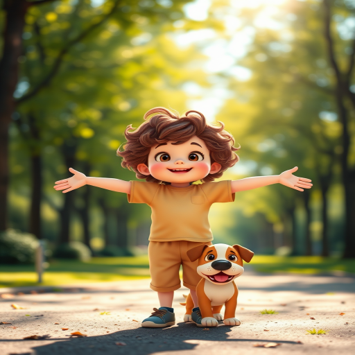 cartoon style image of a child with curly hair standing with arms outstretched and a dog beside him in a vibrant park setting, soft sunlight filtering through trees, depth of field effect, shot with a DSLR camera at f/2.8, 50mm lens, aperture priority mode, slight upward angle for dynamic perspective, high saturation for vivid colors