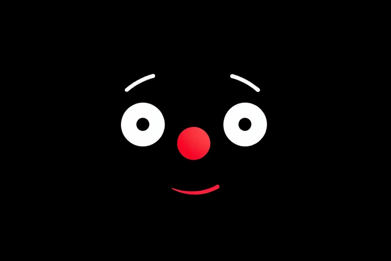 Create a minimalist cartoon-style illustration of a face with large white eyes, a red nose, and a red mouth on a solid black background, shot with a DSLR camera at f/2.8 aperture, 50mm lens, ISO 100, and a shallow depth of field to enhance image quality.