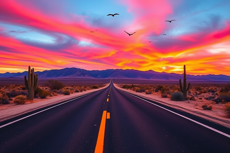 Create a colorful desert road scene during sunset with vibrant pink skies, distant mountains, a clear black asphalt road with a yellow center line, scattered cacti along the roadside, and birds in the sky, captured with a Canon EOS R5, 24mm lens, f/11 aperture, ISO 100, at sunrise to enhance colors and clarity.