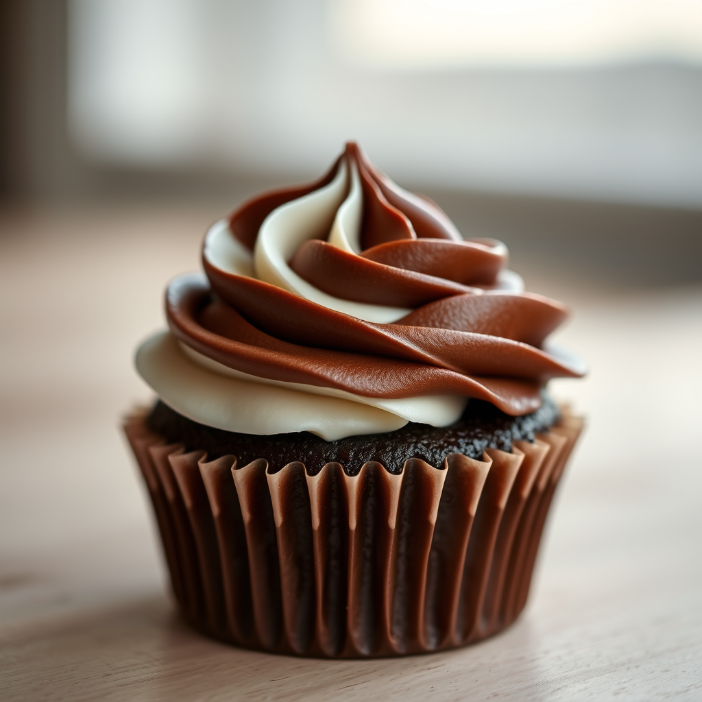 Close-up shot of a beautifully decorated chocolate cupcake with swirls of white and dark chocolate frosting on a soft-focus background, using a Canon EOS R5 camera, 50mm lens, f/1.8 aperture, ISO 100, 1/200 sec shutter speed, natural light.
