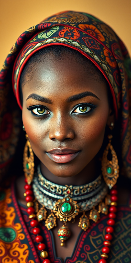 Create a portrait of a beautiful Igbo woman with striking green eyes and a gentle expression. She is adorned in traditional attire with intricate patterns, including a richly embroidered headscarf and matching garments. Her jewelry includes a delicate headpiece, dangling earrings, and ornate bracelets, all featuring vibrant gemstones and detailed metalwork. The background is soft and warm, enhancing the rich colors of her outfit and jewelry.