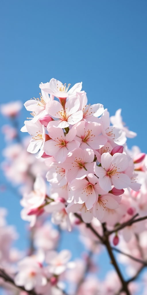 Cherry blossom flowers in full bloom against a clear blue sky, captured with a DSLR camera, 50mm lens, f/2.8 aperture, ISO 100, natural light, focus on flowers.
