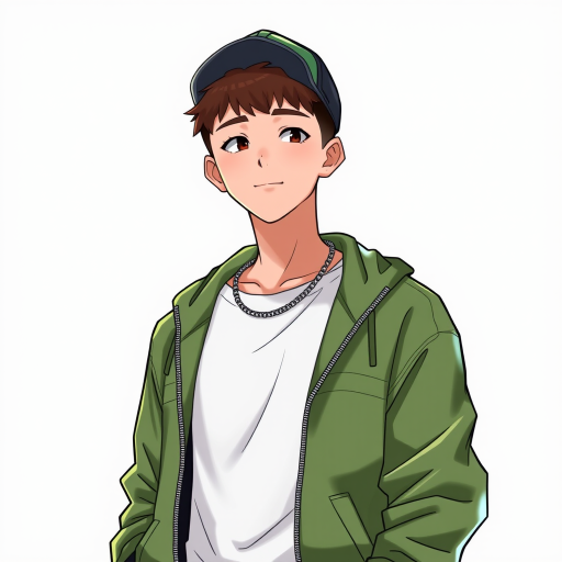 Create a high-resolution illustration of a young man standing casually with a confident posture, wearing a green jacket and a cap, with a silver chain visible, captured from a slightly low angle using a digital camera, with an aperture of f/2.8, ISO 100, and a focal length of 50mm to enhance detail and vibrancy.