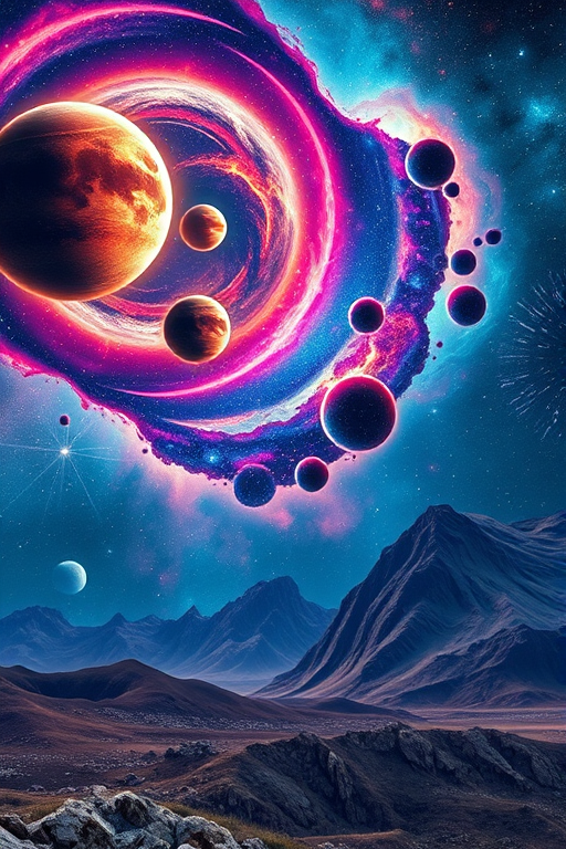 Create a vibrant cosmic scene featuring a swirling galaxy with vibrant planets and nebulae, emphasizing a distant mountain range with crystalline structures, captured with a DSLR camera at f/8, ISO 100, 24mm lens, shot from a low angle to enhance the depth of field and cosmic perspective.