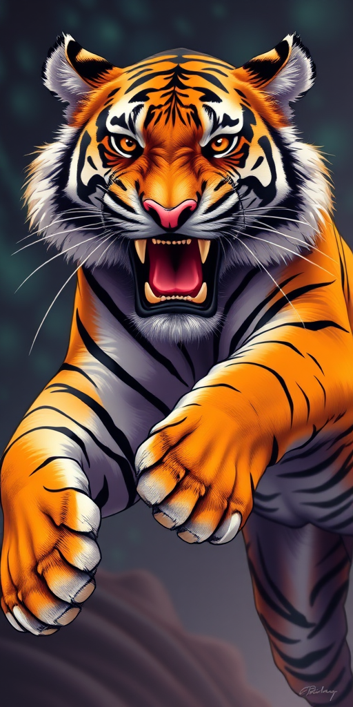 Create a vibrant, high-resolution illustration of a leaping tiger with exaggerated stripes, dynamic pose, and expressive facial features, using a Canon EOS R5, 50mm f/1.2 lens, ISO 100, and aperture f/8 for sharp detail and rich colors.
