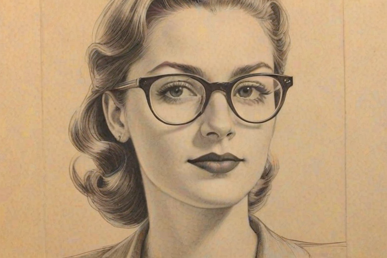 Enticing Kat Foster, pencil sketch, portrait of Resplendent woman 1939s in glasses, hair style beatnik, outline, clear lines, fine lines, 8k