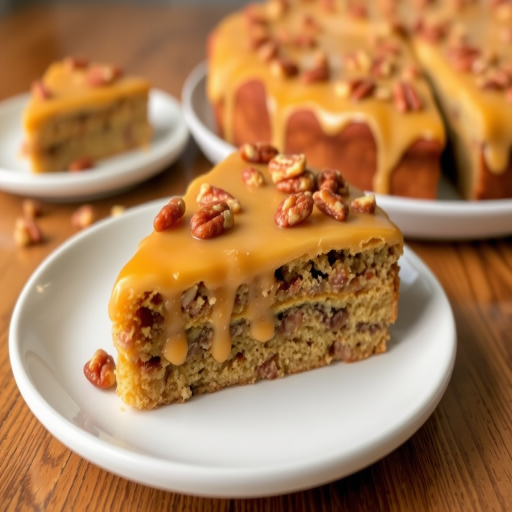 A delicious slice of pecan pie cake topped with a creamy caramel glaze and sprinkled with chopped pecans served on a white plate with additional slices in the background on a wooden table.