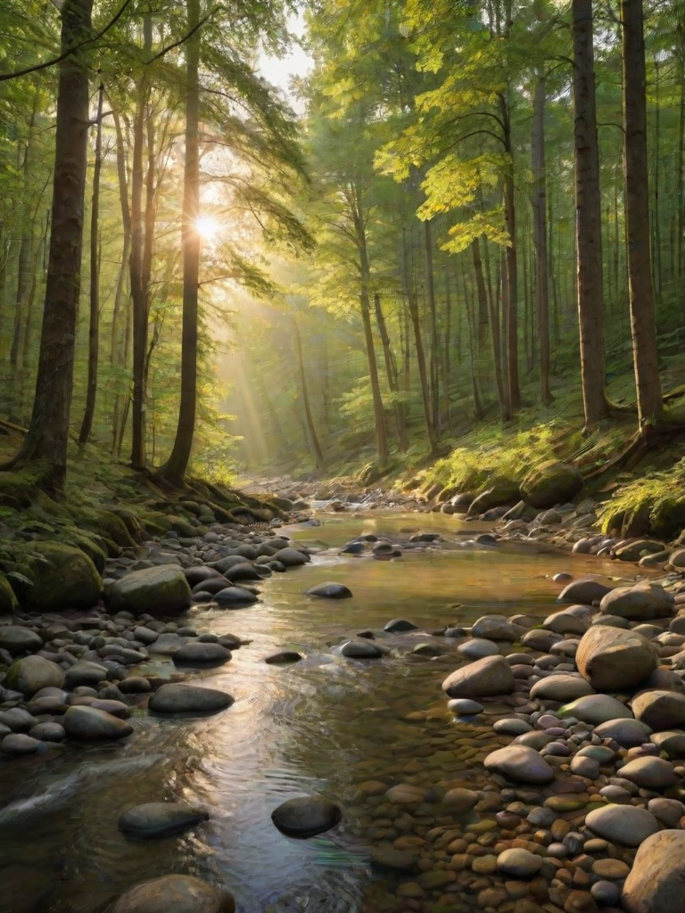 Create an image of a serene, sunlit forest scene with a clear, gently flowing river. Tall trees with lush green foliage line both sides of the river, their leaves bathed in the warm golden light of the setting or rising sun. The sunlight filters through the trees, casting soft, dappled light on the river, which flows over smooth rocks and pebbles, creating a peaceful, natural atmosphere. The sky is bright with a few scattered clouds, and the overall mood is tranquil, evoking a deep sense of connection with nature. The image captures the beauty of a calm, pristine forest landscape at either dawn or dusk.