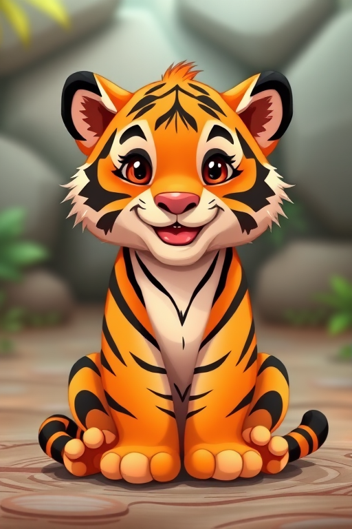 Create a playful, cartoon-style illustration of a cute sitting tiger cub with vibrant orange and black stripes, smiling expression, in high-resolution 4K quality, using a DSLR camera with a 50mm lens at f/2.8, capturing the scene with a soft focus background for added depth.