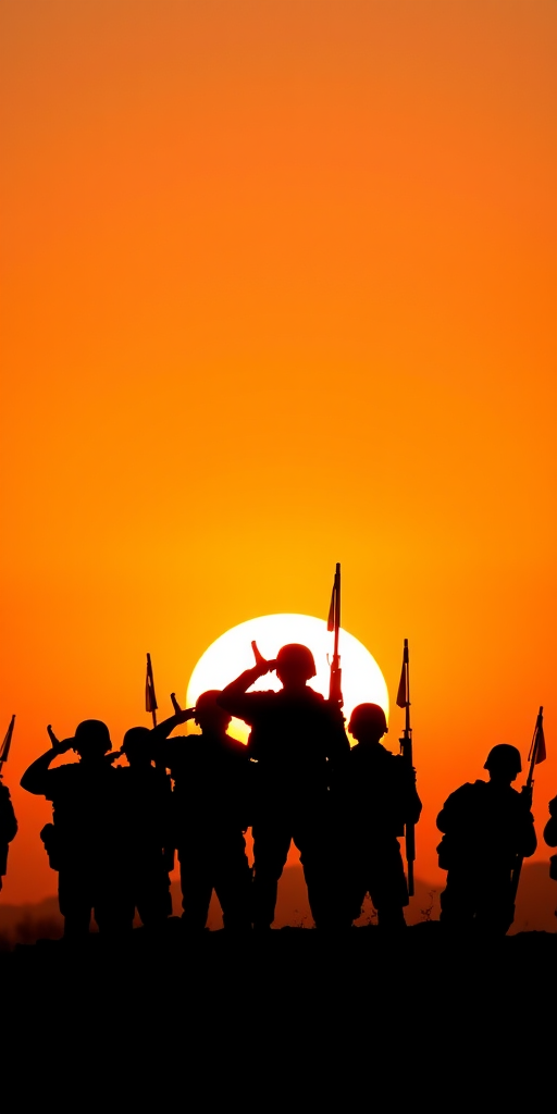 silhouetted soldiers standing triumphantly against a gradient sunset background, sharp focus, ISO 200, f/8 aperture, 50mm lens, wide shot, DSLR camera