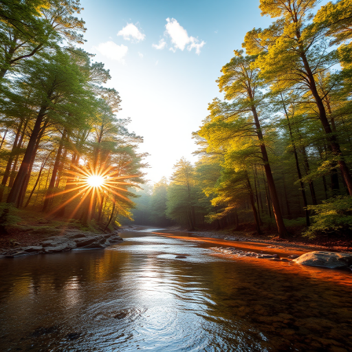Create an image of a serene, sunlit forest scene with a clear, gently flowing river. Tall trees with lush green foliage line both sides of the river, their leaves bathed in the warm golden light of the setting or rising sun. The sunlight filters through the trees, casting soft, dappled light on the river, which flows over smooth rocks and pebbles, creating a peaceful, natural atmosphere. The sky is bright with a few scattered clouds, and the overall mood is tranquil, evoking a deep sense of connection with nature. The image captures the beauty of a calm, pristine forest landscape at either dawn or dusk.