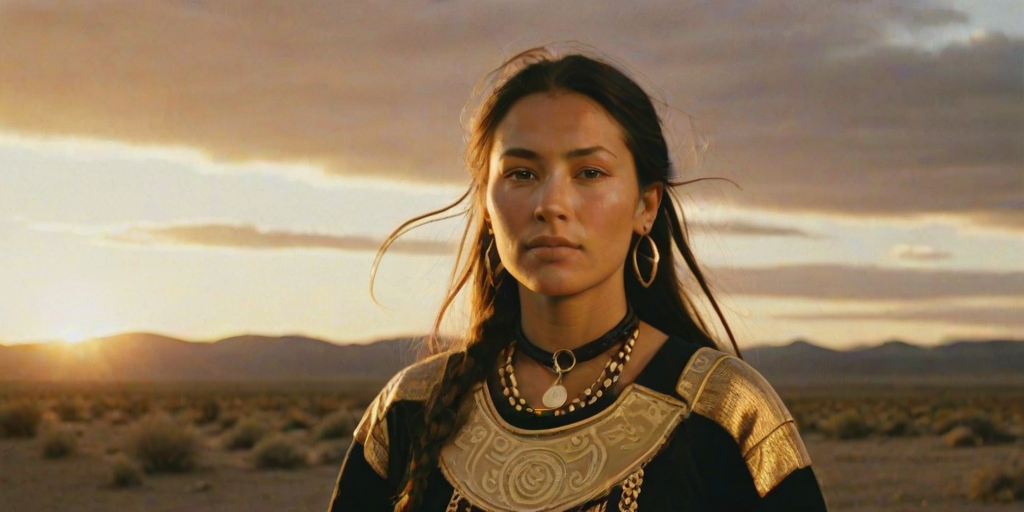 Dramatic photo of a beautiful Sami woman, classic cowboy attire, confident and free spirit expression, half-length portrait, centered, golden hour desert landscape, warm, diffused light, low angle, medium format film camera, in style of Annie Leibovitz.
