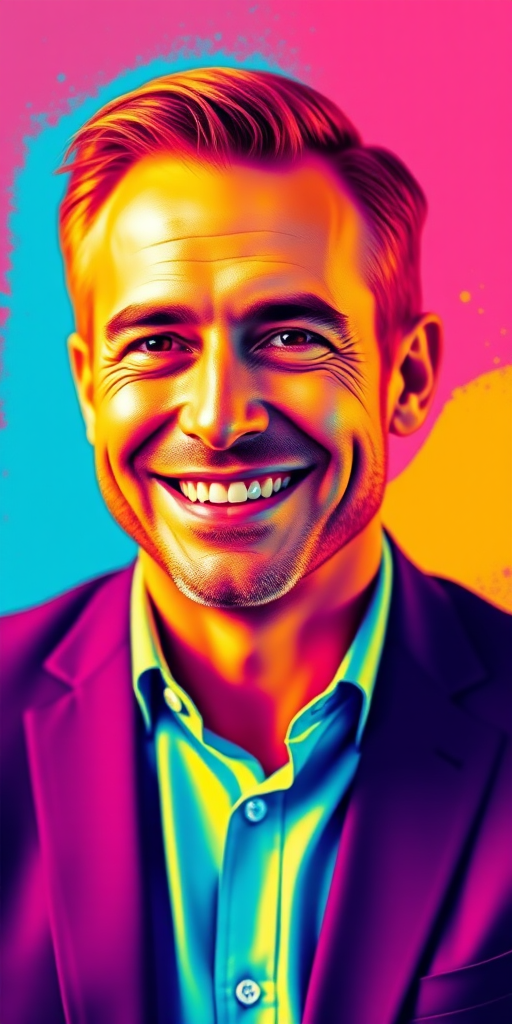 Create a vibrant pop art collage featuring a stylized portrait of a businessman with a confident smile, using a bright color palette of pink, yellow, blue, and orange, shot with aCanon EOS R5, 50mm lens, f/1.8, ISO 100, and a shallow depth of field to enhance details and colors.