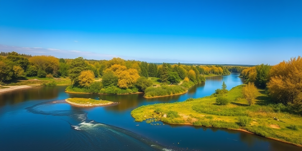 Generate a high-resolution image of a serene landscape with a winding river, vibrant green trees, and a clear blue sky, captured with a Canon EOS R5 camera at f/8 aperture, ISO 100, and a shutter speed of 1/200 sec, using a wide-angle lens from a low angle perspective to enhance depth.