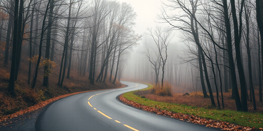 a scenic winding road through a misty forest in autumn with bare trees and fallen leaves on the ground