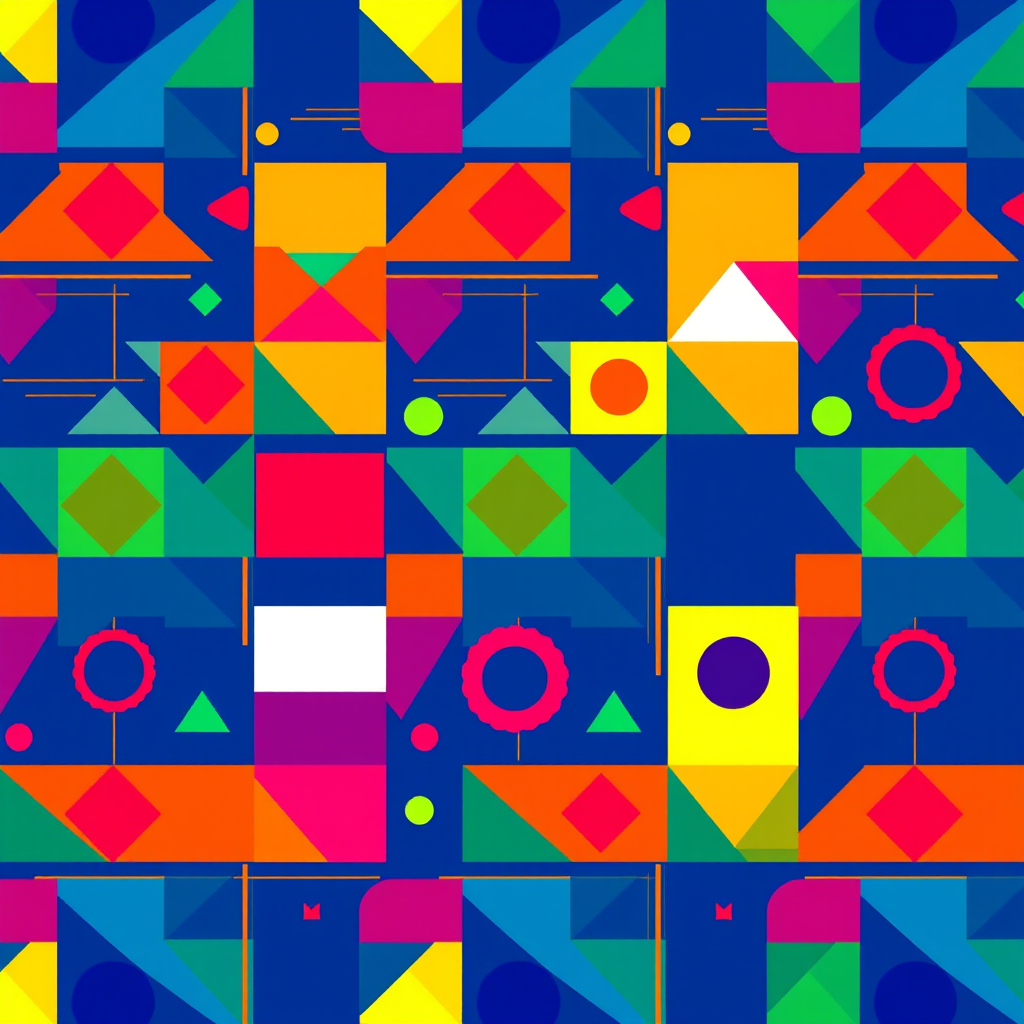 Create a vibrant abstract pattern featuring colorful geometric shapes like triangles, squares, circles, and lines on a deep blue background, captured with a DSLR camera at f/8 aperture, ISO 100, and a 24mm lens for sharpness and detail.
