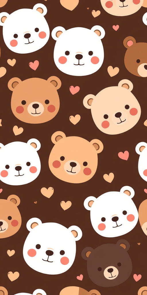 Cute seamless pattern featuring adorable bear faces in various colors including white, light brown, and dark brown on a dark brown background with small hearts and stars scattered throughout. The bears have simple, cartoonish features and a charming, playful vibe.