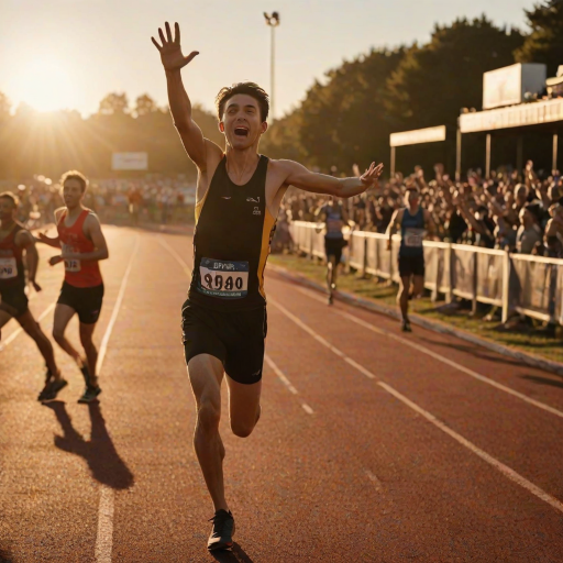 Blurry action shot of a runner crossing a finish line in a race, arms raised in triumph, with soft golden light from the setting sun casting long shadows on the track and distant spectators cheering in the background.