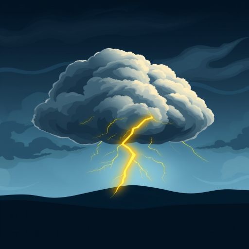 Create a digital illustration of a storm cloud with a yellow lightning bolt, using a high-resolution background, shot from a low angle to enhance depth, with a soft focus effect to emphasize the cloud and lightning, in a vector art style.