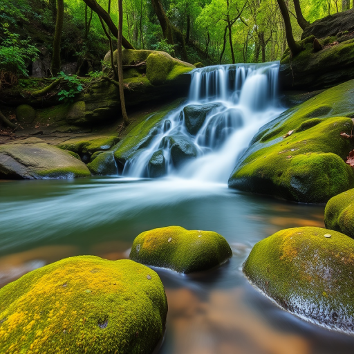 Capture a serene waterfall cascading over smooth, moss-covered rocks in a lush forest setting, using a DSLR camera with a 24mm lens, f/11 aperture, 1/4 second shutter speed, ISO 100, in natural light, with a focus on vibrant colors and soft motion blur for the water.