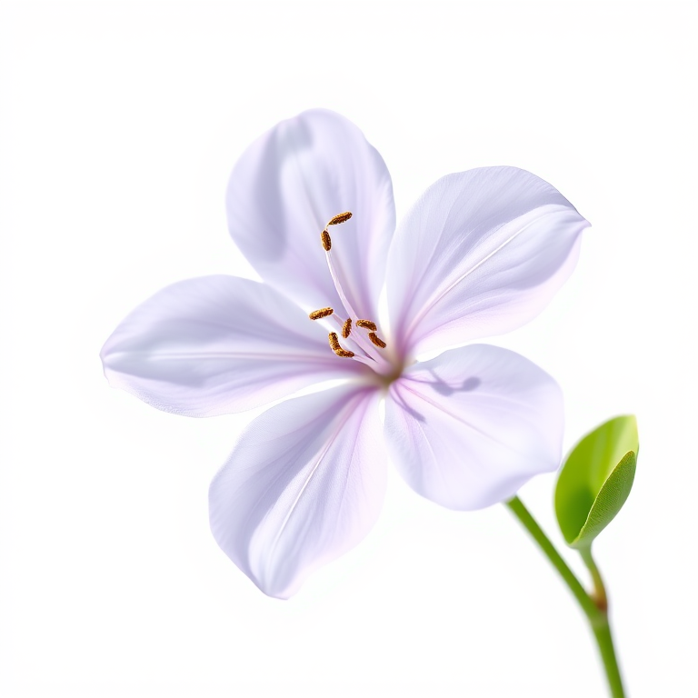 Create a high-resolution image of a single line art flower with soft lavender petals and a green leaf, shot with a DSLR camera at f/2.8 aperture, 50mm lens, in natural light with a minimalistic white background.