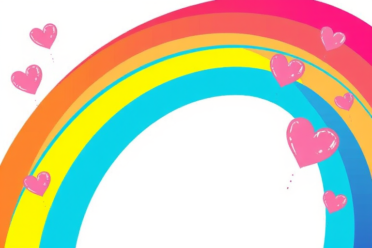 Create a vibrant illustration of a rainbow with bold, colorful arcs in shades of green, blue, purple, orange, and pink, adorned with whimsical pink heart shapes floating around, using a Canon EOS 5D Mark IV, f/2.8 aperture, 50mm lens, shot at a high resolution with soft focus for a dreamy effect.