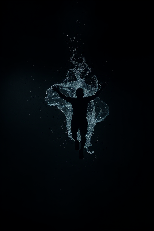 A silhouette of a person falling through water with a starry texture, surrounded by a dark background, vertical shot, f/2.8 aperture, ISO 100, shutter speed 1/200 sec, DSLR camera, high contrast, moody lighting, digital art.