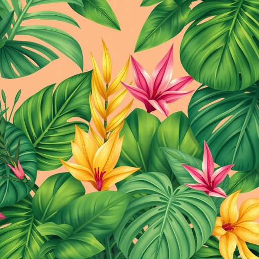 Create a vibrant and detailed illustration of tropical foliage with a mix of large green leaves, intricate patterns, and a variety of colors including yellow and pink against a soft peach background, using a Canon EOS R5 with a 50mm f/1.2 lens at ISO 100, aperture f/4, and shutter speed 1/125s, capturing the textures and depth in a macro style.