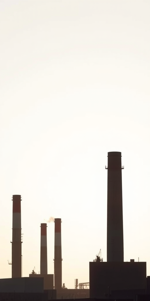 Regenerate a high-contrast silhouette of industrial smokestacks against a bright background, 50mm lens, f/8 aperture, ISO 100, natural daylight, landscape orientation, digital SLR camera.