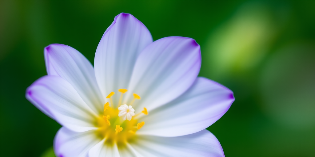 macro shot of a white flower with purple edges and a yellow center against a soft green background, aperture f/2.8, shutter speed 1/200s, ISO 100, shallow depth of field, natural light, DSLR camera
