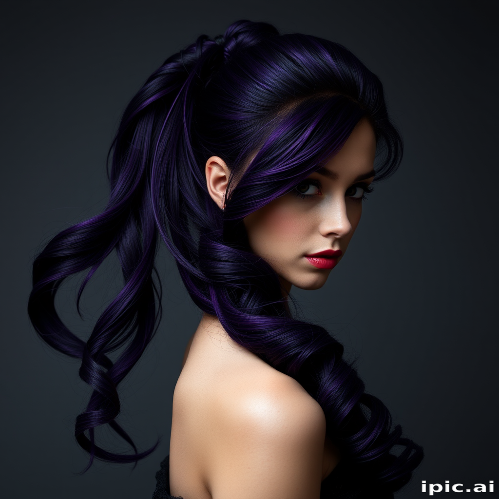 Mysterious deep purple-haired enchantress with a sleek, high ponytail featuring wrapped sections and cascading curls