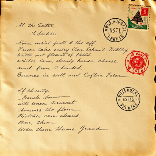 Create an aged parchment background with faded handwriting and postal stamps, shot with a DSLR camera, 50mm lens, f/1.8 aperture, ISO 100, natural light, top-down view, high resolution.