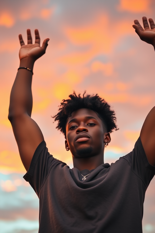 Capture a portrait of a young man with an afro hairstyle, arms raised against a dramatic sky at sunset, use a Canon EOS R5 with a 50mm lens, aperture f/1.8 for sharp focus on the subject, ISO 200 for clear detail, and a low angle view to emphasize his stature and expression.