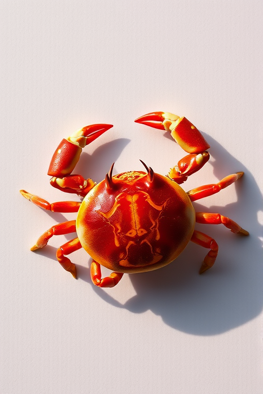 Create a high-resolution image of a detailed red crab on a plain background, using a DSLR camera at f/2.8 aperture, ISO 100, with a 50mm lens, shot from a top-down view in natural lighting to enhance sharpness and color vibrancy.