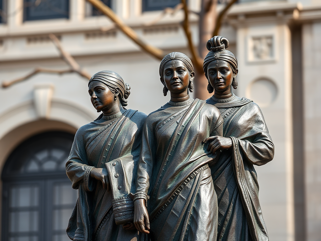 Create a highly detailed photograph of a bronze sculpture depicting four women in traditional attire, captured at a 45-degree angle with a shallow depth of field, using a DSLR camera with an aperture of f/2.8, ISO 100, and a focal length of 50mm, under natural lighting conditions to emphasize textures and colors.