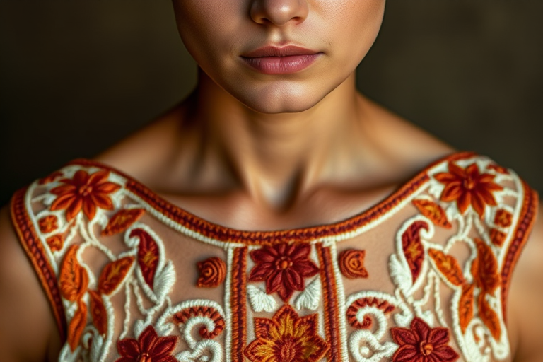 Face, shoulders, chest covered in openwork Druze embroidery. Raw, unedited image.