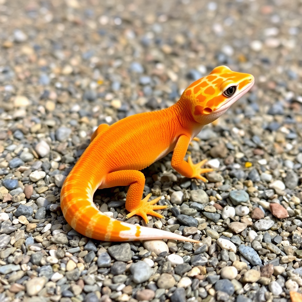 A vibrant orange gecko with unique patterns stands on a gravel surface, showcasing its smooth skin and alert posture, blending nature's beauty with detailed textures.