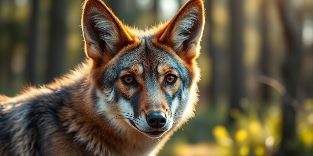 A close-up portrait of a coyote in a sunlit forest setting, captured with a Canon EOS R5, 85mm f/1.2 lens, aperture set at f/1.4, ISO 100, with a shallow depth of field to create a blurred background and highlight the coyote's expressive eyes and fur texture.
