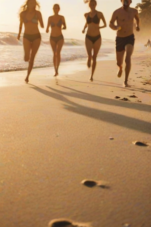 Blurry action shot of a group of friends racing down a sandy beach, soft focus on the waves crashing in the background, golden light from the setting sun casting long shadows.