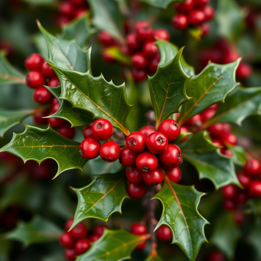 macro shot of a holly bush with bright red berries and sharp green leaves, f/2.8, ISO 200, 1/250s, natural light, DSLR camera, shallow depth of field