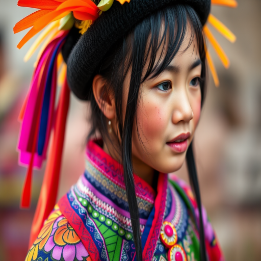A beautiful Miao girl, wearing colorful bird clothing with vibrant colors
