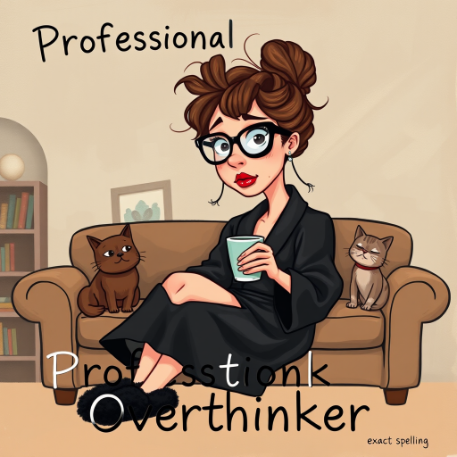 The words ‘Professional Overthinker’ (exact spelling) An exaggerated whimsical illustration of a cute silly lady with unruly messy brown bun and black glasses pouty lips and a thinking expression. Shes sitting on the couch, legs folded wearing a black silk robe, black fuzzy slippers. She’s holding her coffee cup and making a deep-in-thought face.  A quirky scruffy cat (dog) looking at her against a mottled, oil painting style soft background living room setting.