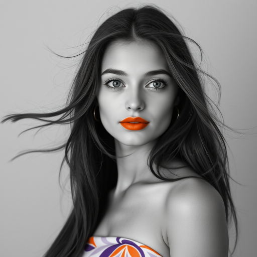 Photographic image of a beautiful young Druze woman, white eyes, lips with orange lipstick, long hair fluttering in the wind and wearing a silk strapless dress with a soft purple and orange print. monochrome image with only color highlights in the iris of the eyes, lipstick and dress. Gray background.