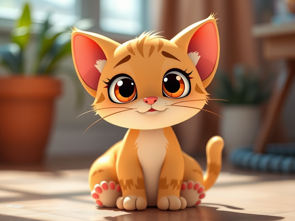 Create a cute cartoon cat character sitting, with big expressive eyes, in a simple and colorful style, captured with a Canon EOS R camera, 50mm lens, f/2.8 aperture, ISO 100, in a bright, natural lighting setting.