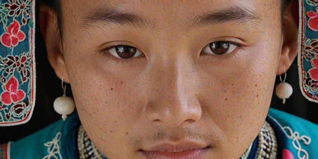 Face, shoulders, chest covered in openwork Hmong embroidery. Raw, unedited image.