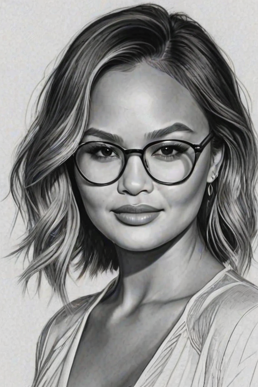 Ravishing Chrissy Teigen, pencil sketch, portrait of Enchanting woman 1921s in glasses, hair style beatnik, outline, clear lines, fine lines, 8k