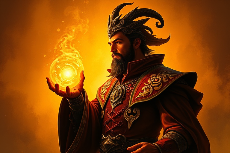 fantasy sorcerer with a glowing orb, rich ornate attire, striking silhouette against a golden background, dramatic lighting, 50mm lens, f/1.8 aperture, ISO 100, side profile, portrait orientation, digital painting style, high resolution
